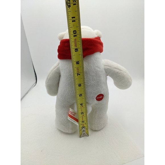 2013 Coca-Cola Plush Standing Polar Bear Red Scarf 10.5 inch Tag Is USED Writing - Picture 2 of 11